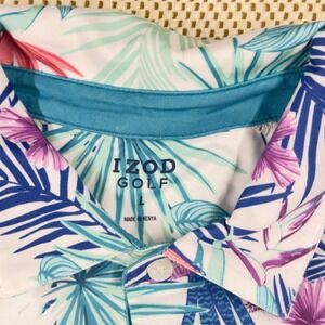IZOD Golf Mens Large Tropical Palm Floral Polo Shirt White Blue 46ZSHB39R102